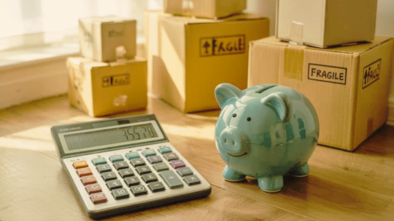 Moving budget planning setup with money and a scale model house
