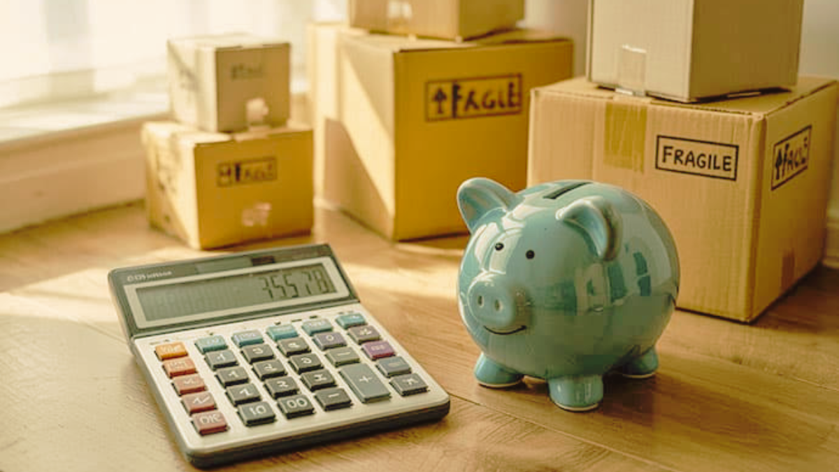 Moving budget planning setup with money and a scale model house